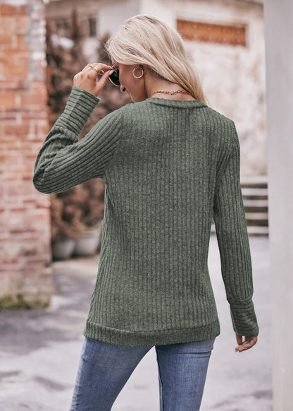 Solid Ribbed V-Neck Long Sleeve Knit Top for Women