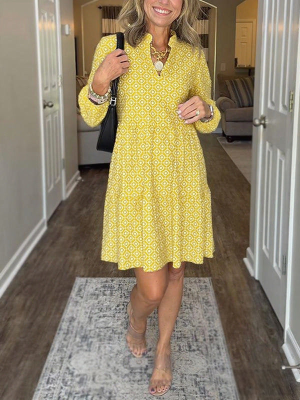 Women's Geometric V-Neck Midi Dress 3/4 Sleeve Flowy Casual