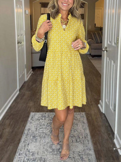 Women's Geometric V-Neck Midi Dress 3/4 Sleeve Flowy Casual