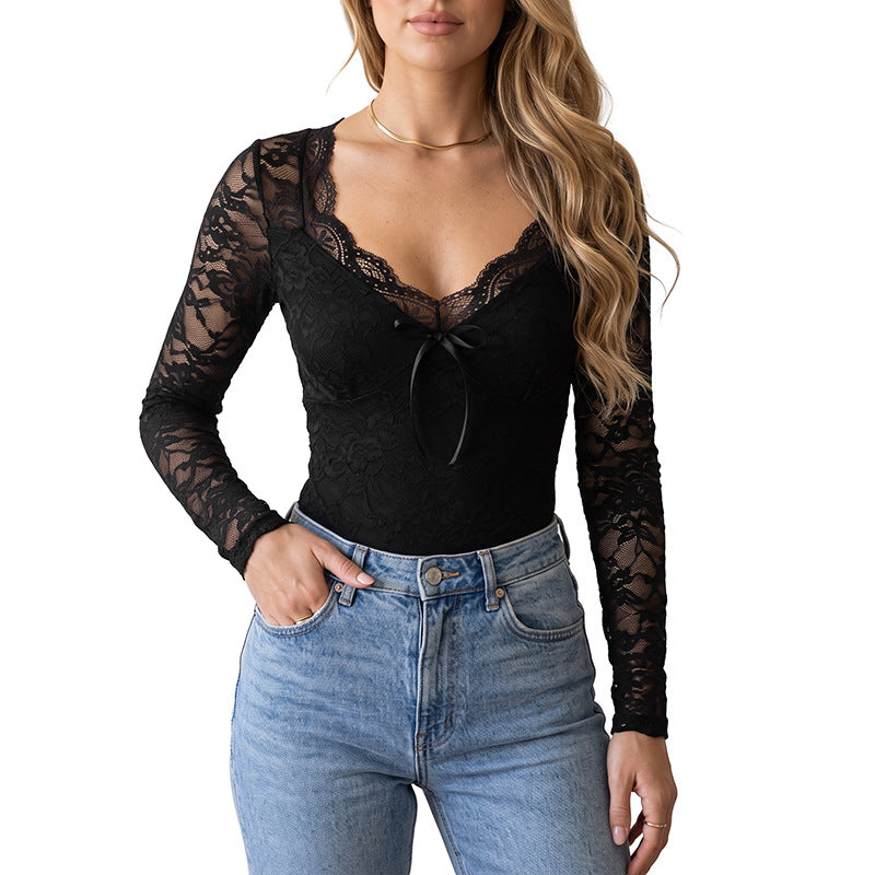 Sexy Black Lace V Neck Long Sleeve Bodysuit