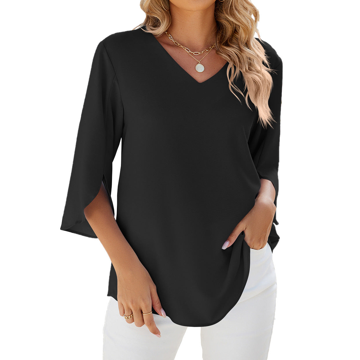 Solid Chiffon Blouse V Neck Loose Fit Custom Top