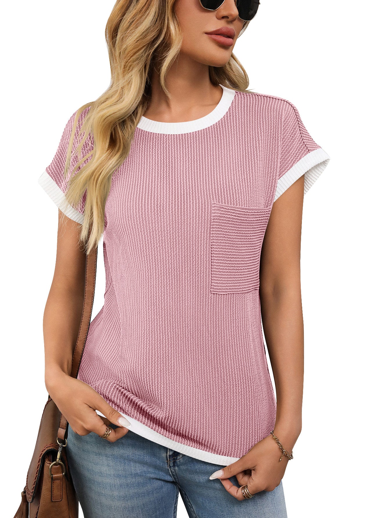 Women's Ribbed Color Block Pocket Tee Short Sleeve