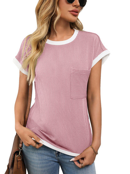 Women's Ribbed Color Block Pocket Tee Short Sleeve