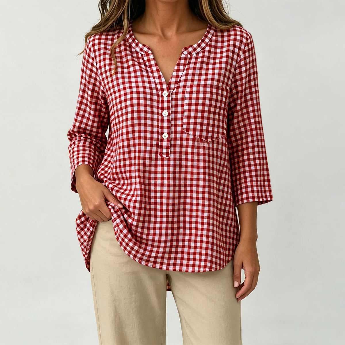 Women's Gingham V Neck 3/4 Sleeve Loose Casual Blouse