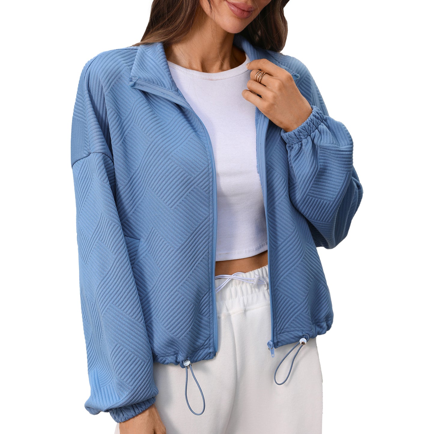 Quilted Zip Sweatshirt Drawstring Cropped Jacket