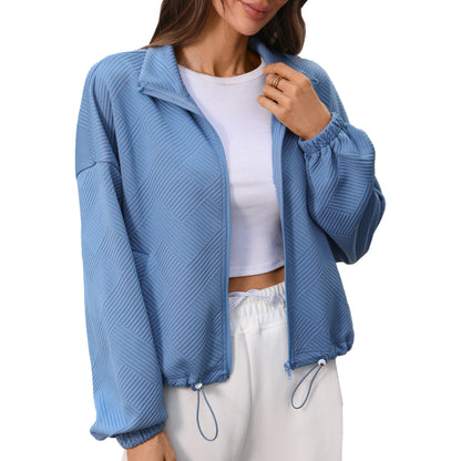 Quilted Zip Sweatshirt Drawstring Cropped Jacket