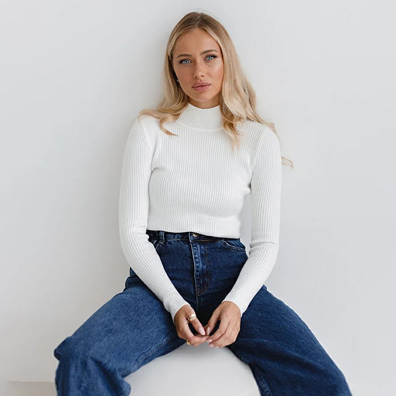 Women's Ribbed Mock Neck Long Sleeve Fitted Knit Top