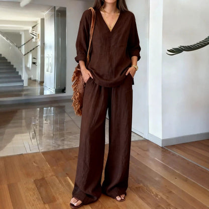 Women's V-Neck Long Sleeve & Wide Leg Pants Matching Set
