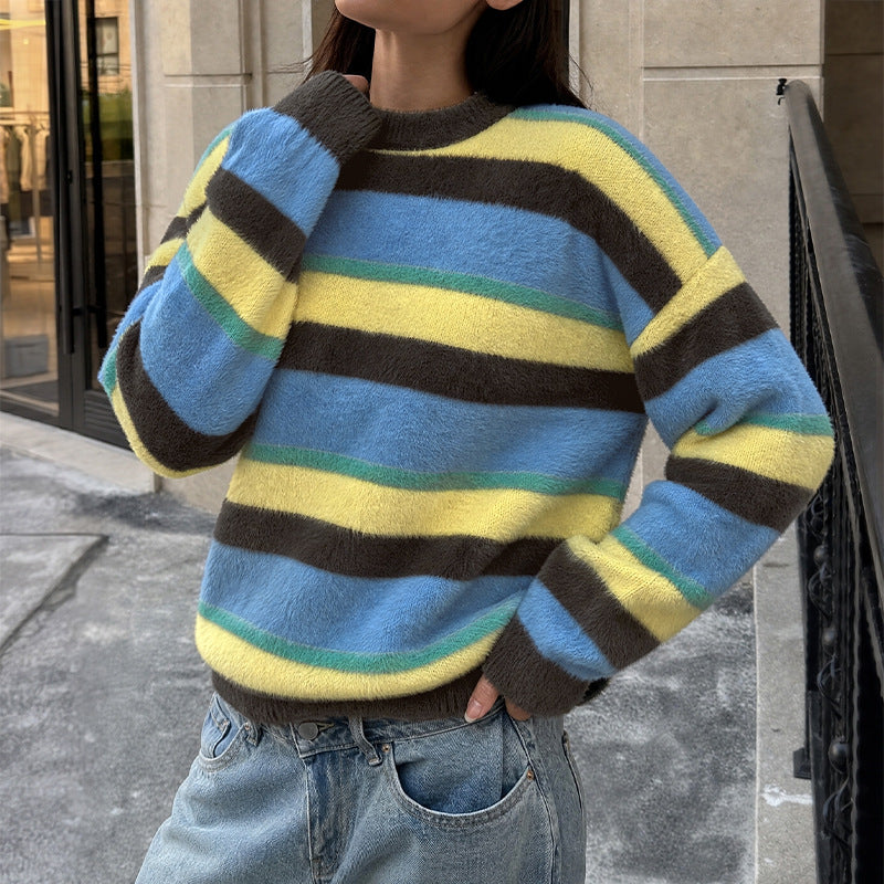 Fuzzy Striped Oversized Crew Neck Sweater Women
