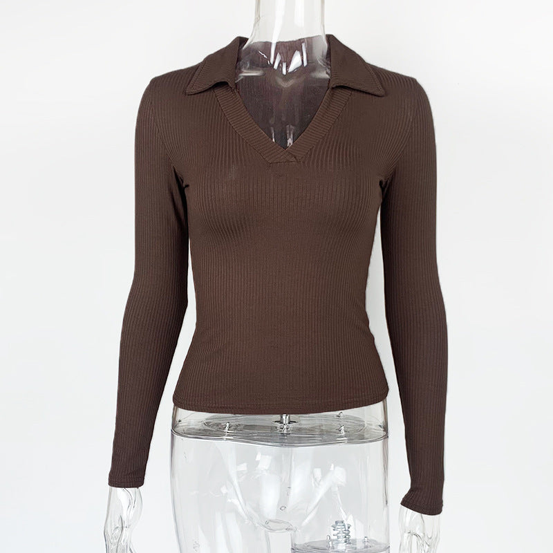 Women's Ribbed Polo V Neck Long Sleeve Fitted Top