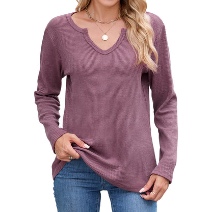 Women's Waffle Knit V-Neck Long Sleeve Loose Fit Top