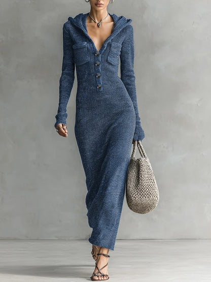 Hooded V Neck Button Front Ribbed Knit Maxi Dress