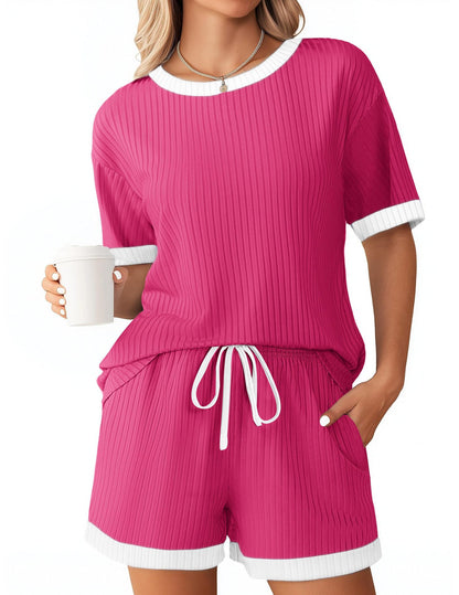 Ribbed Colorblock Lounge Shorts Set Summer Pajama