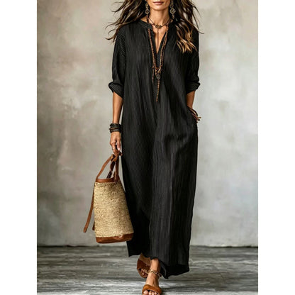 Women's Striped V-Neck Maxi Dress Casual Loose Pockets