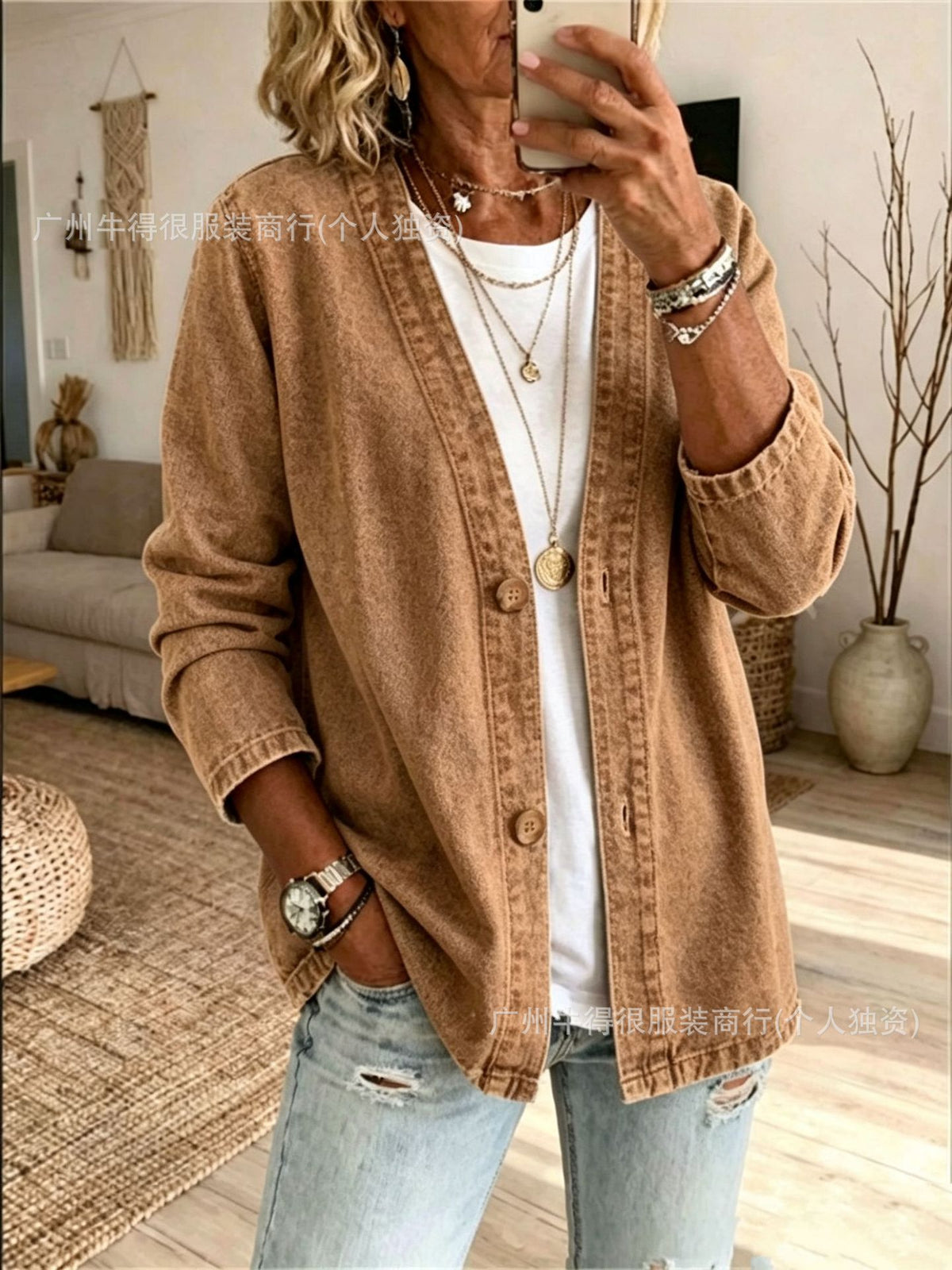 Women's Oversized Vintage Denim Jacket Button Front
