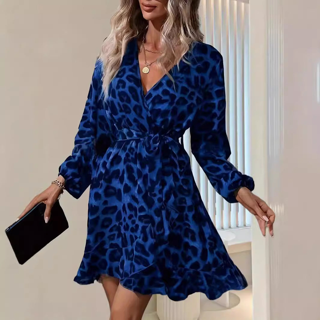 Leopard Print V-Neck Long Sleeve Tie Waist Ruffle Dress
