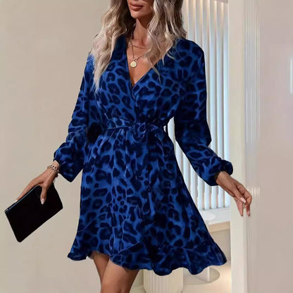 Leopard Print V-Neck Long Sleeve Tie Waist Ruffle Dress