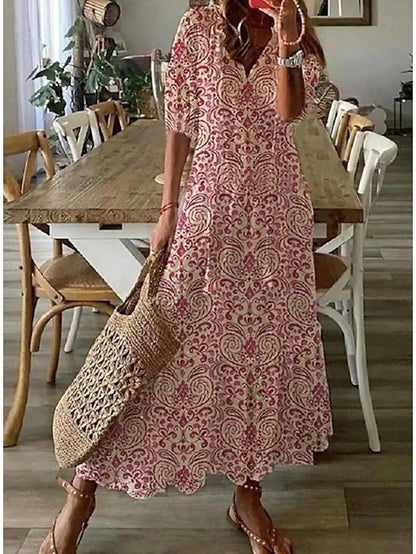 Women's Boho Floral V-Neck Tassel Maxi Dress Flowy