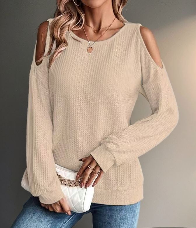 Women's Cold Shoulder Waffle Knit Long Sleeve Casual Top