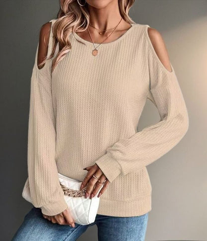 Women's Cold Shoulder Waffle Knit Long Sleeve Casual Top