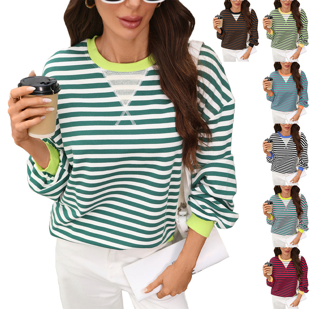 Women's Oversized Striped Contrast Crewneck Sweatshirt