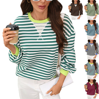 Women's Oversized Striped Contrast Crewneck Sweatshirt