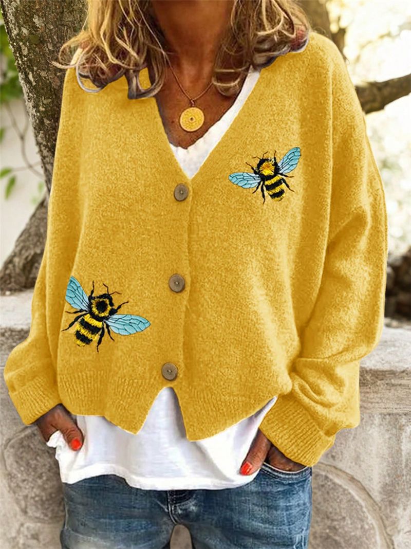 Women's Bee Embroidered V-Neck Button Cardigan Sweater