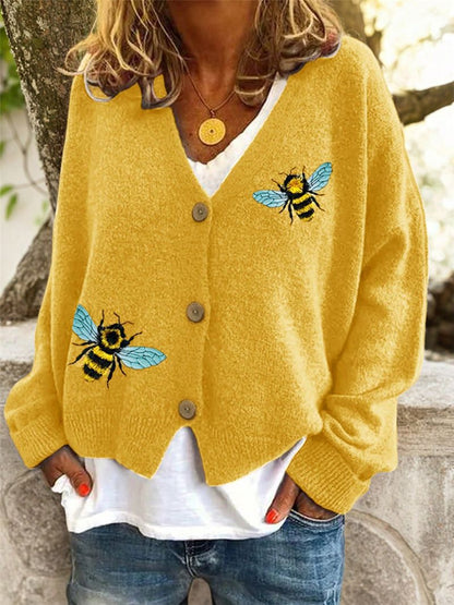 Women's Bee Embroidered V-Neck Button Cardigan Sweater