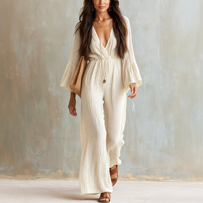 Women's Boho V-Neck Bell Sleeve Wide Leg Jumpsuit