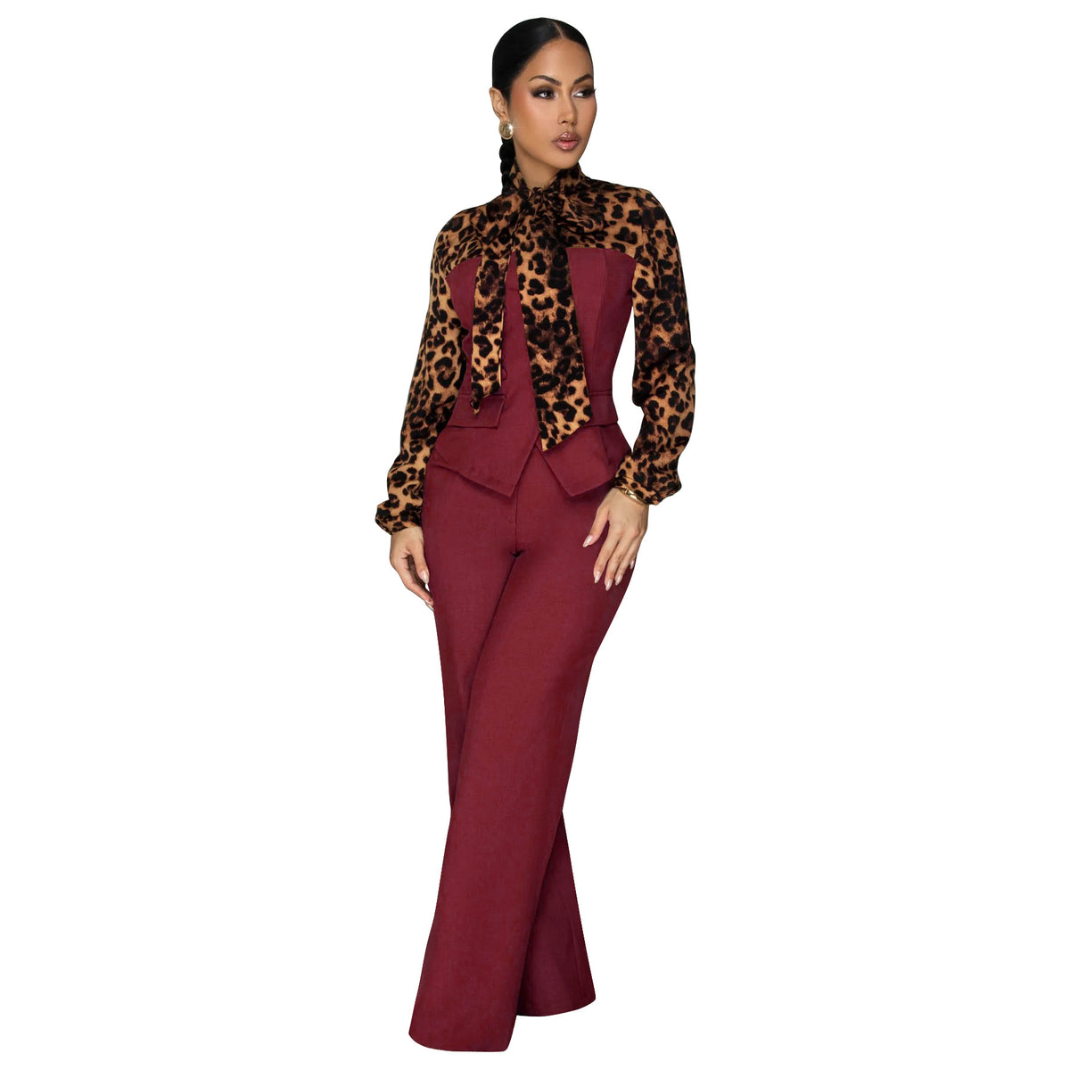Leopard Print Tie Neck Blouse & Wide Leg Pants Set