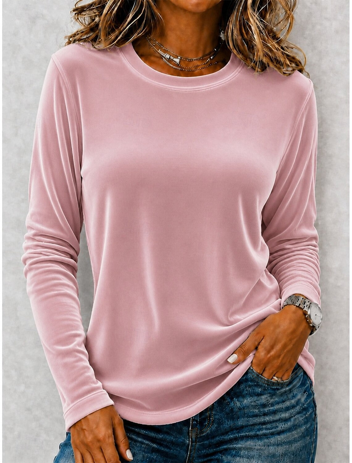 Women's Velvet Long Sleeve Top Casual Round Neck Blouse