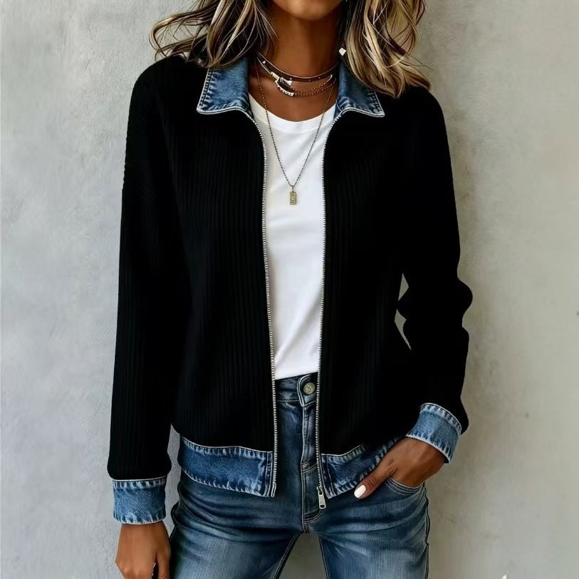 Women's Corduroy Denim Patchwork Zip Jacket