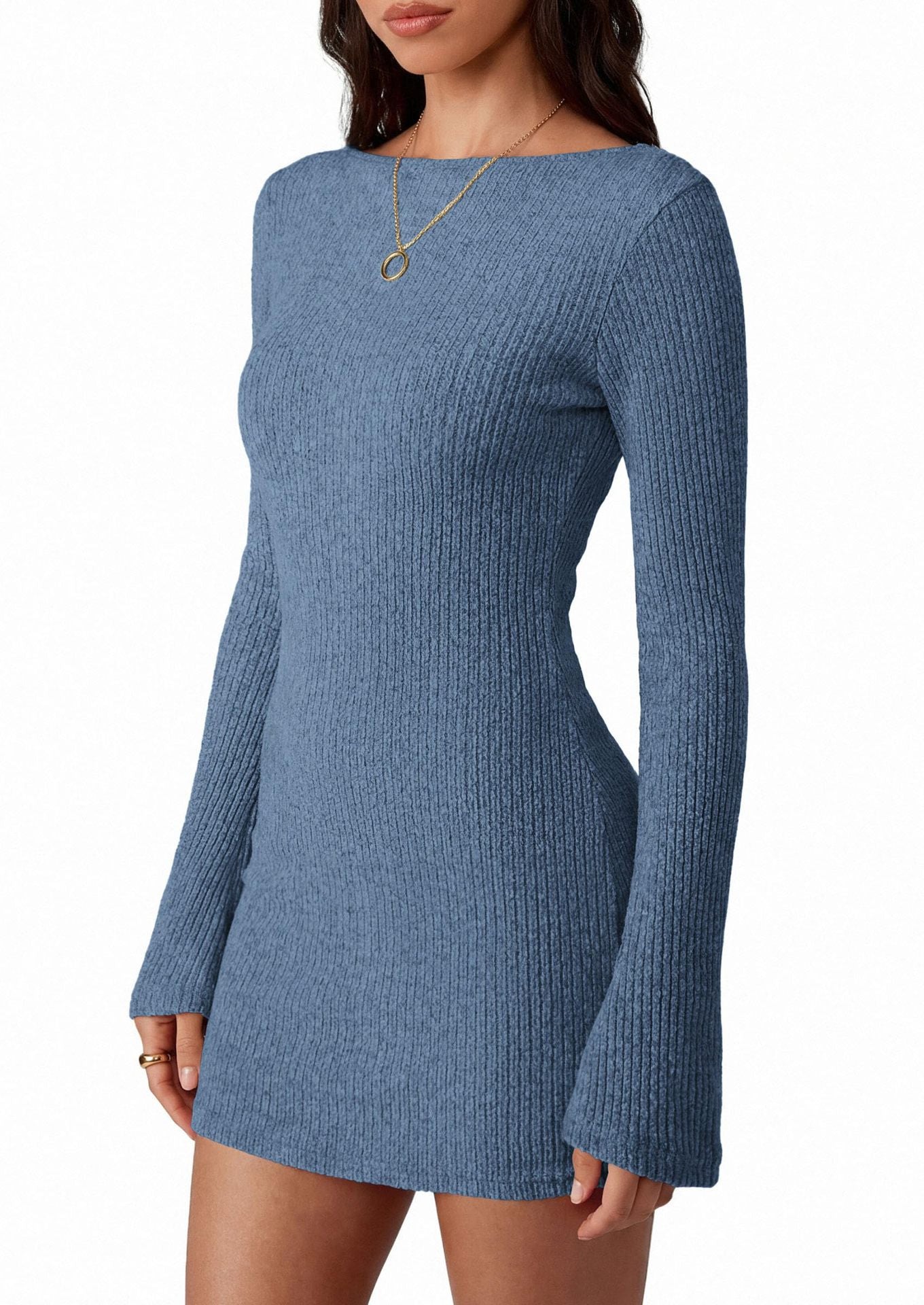 Solid ribbed knit bodycon mini dress bell sleeve