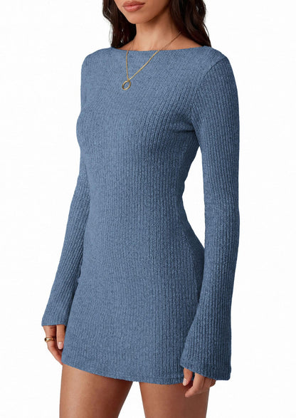 Solid ribbed knit bodycon mini dress bell sleeve