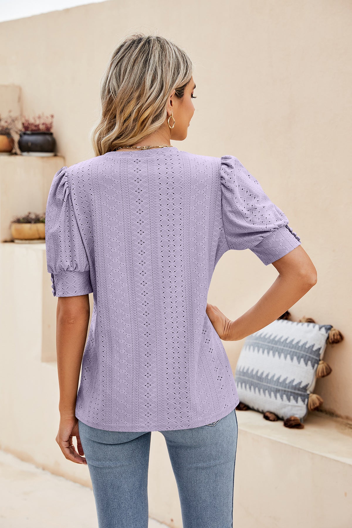 Sweet Puff Sleeve Shirt with Embroidered Cutouts