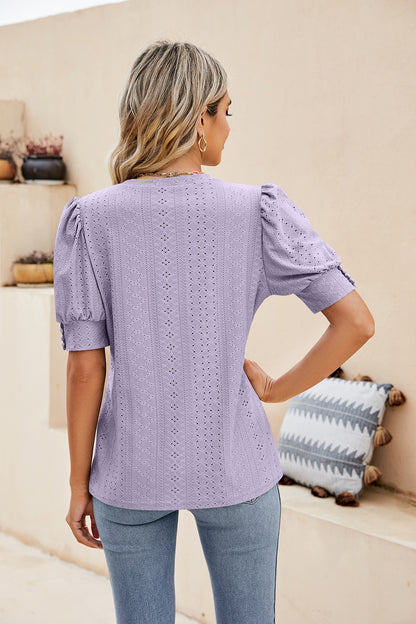 Sweet Puff Sleeve Shirt with Embroidered Cutouts
