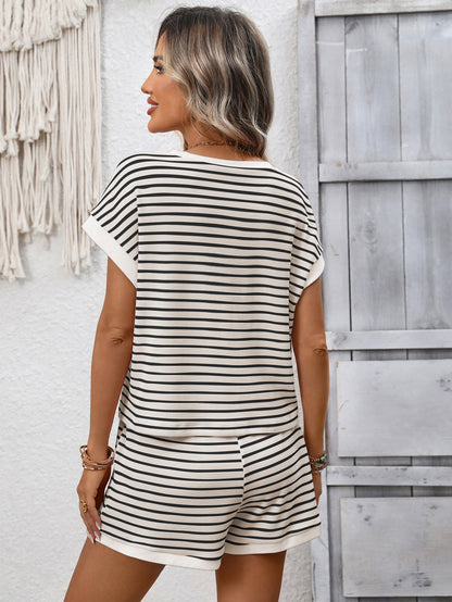 Pink Striped Short Sleeve Top and Shorts Lounge Set
