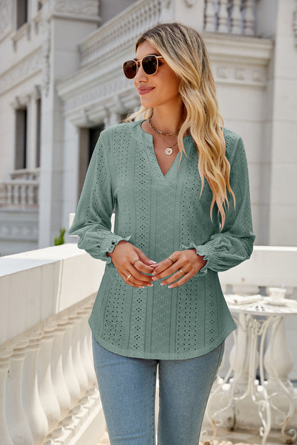 Women's Eyelet V-Neck Long Sleeve Ruffle Cuff Loose Blouse