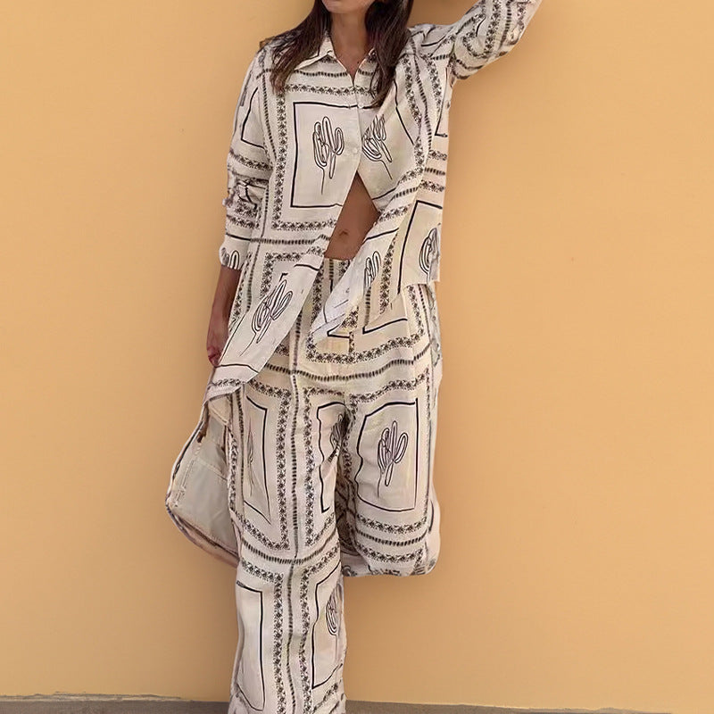 Boho Printed Button Down Shirt Wide Leg Pants Matching Set
