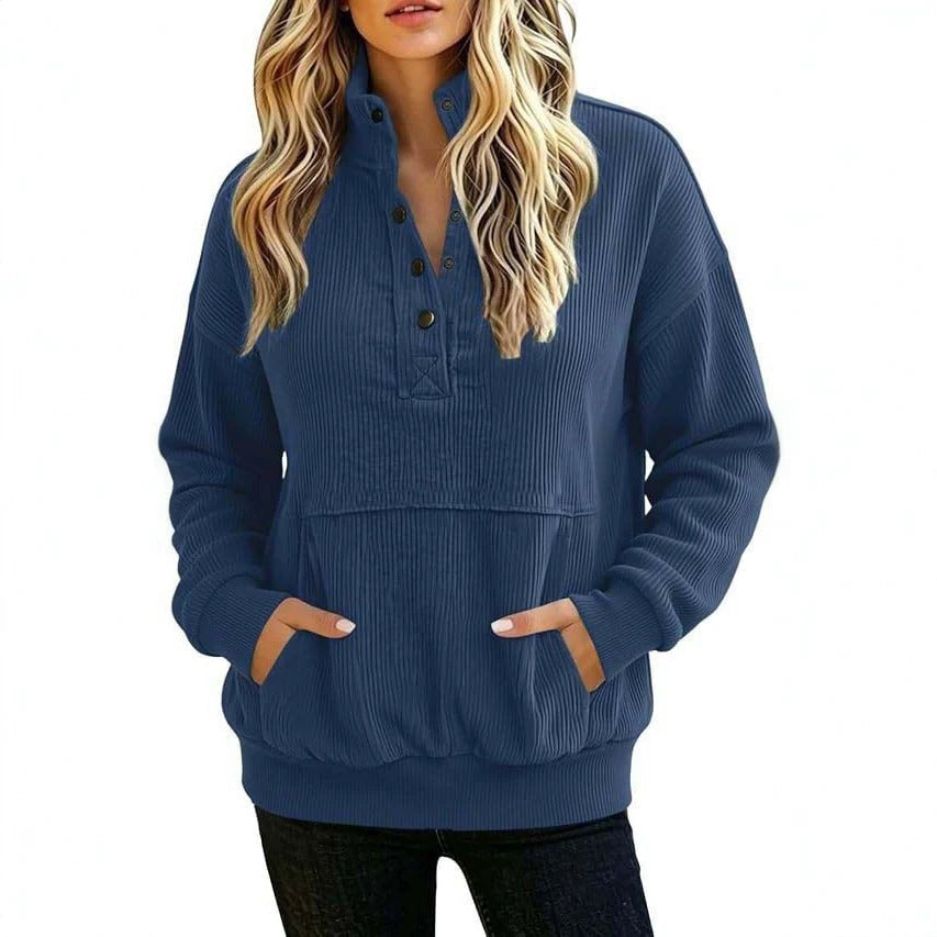 Corduroy Henley Sweatshirt Women Long Sleeve Button Pocket