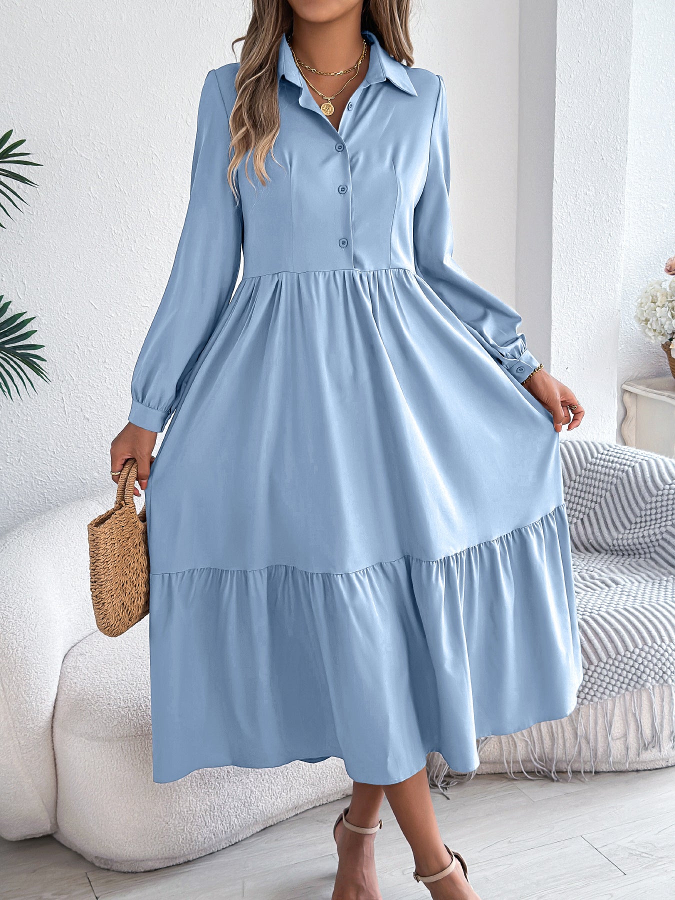 Collared Long Sleeve Tiered Shirt Dress