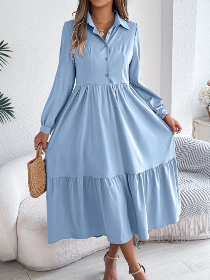 Collared Long Sleeve Tiered Shirt Dress