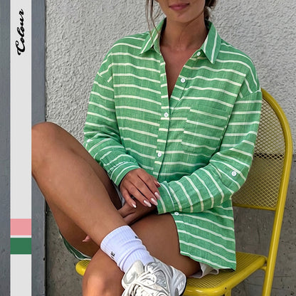 Striped Button Down Relaxed Long Sleeve Shirt