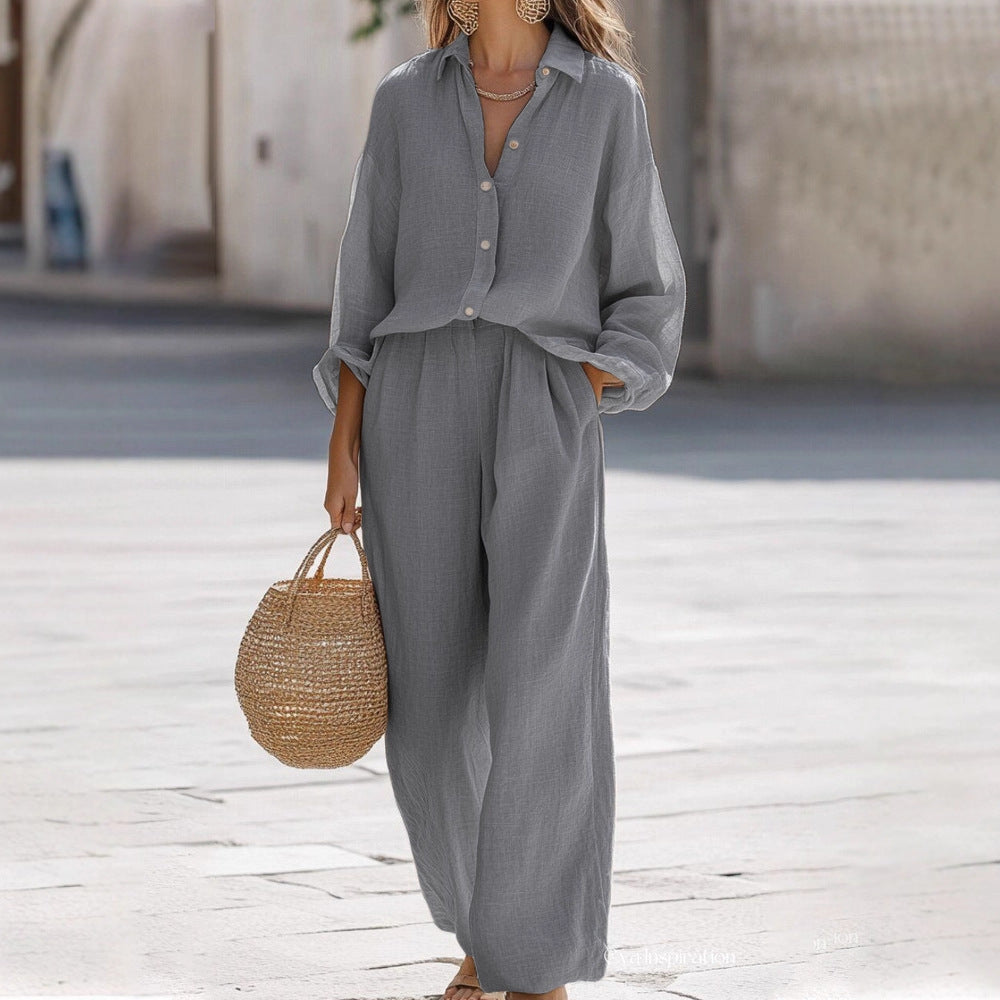 Women's Cotton 2 Piece Set Button Down Shirt Wide Leg Pants