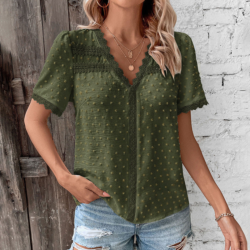 Lace Trim V Neck Swiss Dot Blouse Casual Summer Top