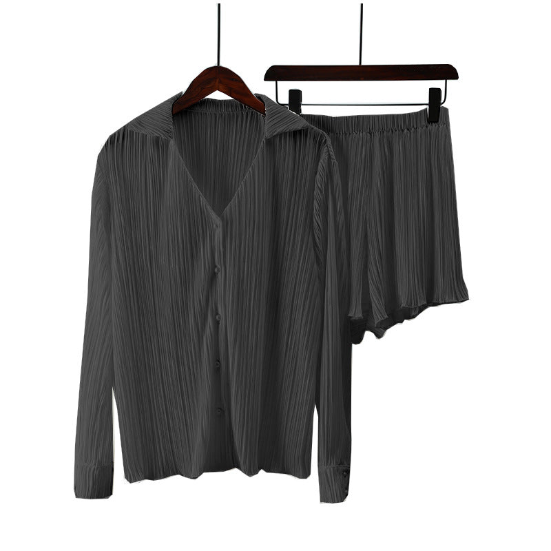 Pleated Long Sleeve Shirt & Shorts Two Piece Set