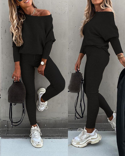 Women's Off Shoulder Ribbed Two Piece Lounge Set
