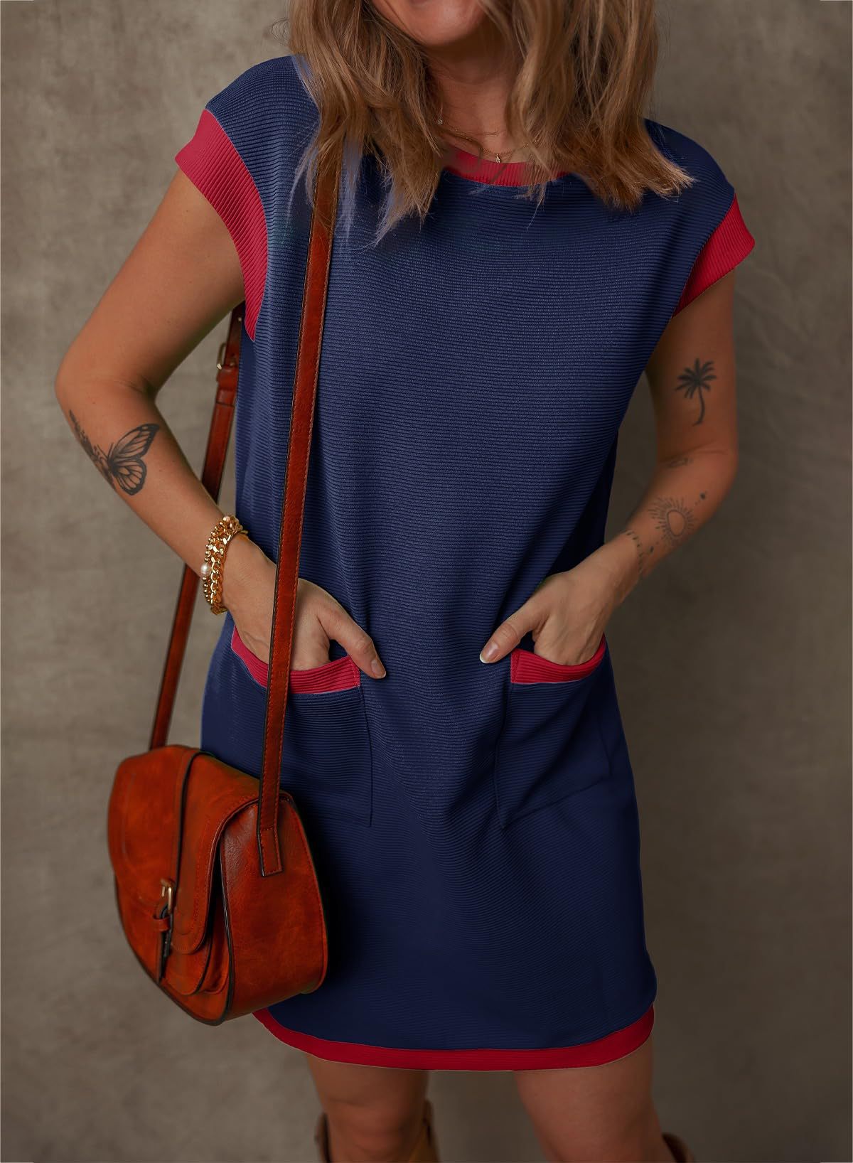 Colorblock Pocket T Shirt Mini Dress Casual Loose Fit