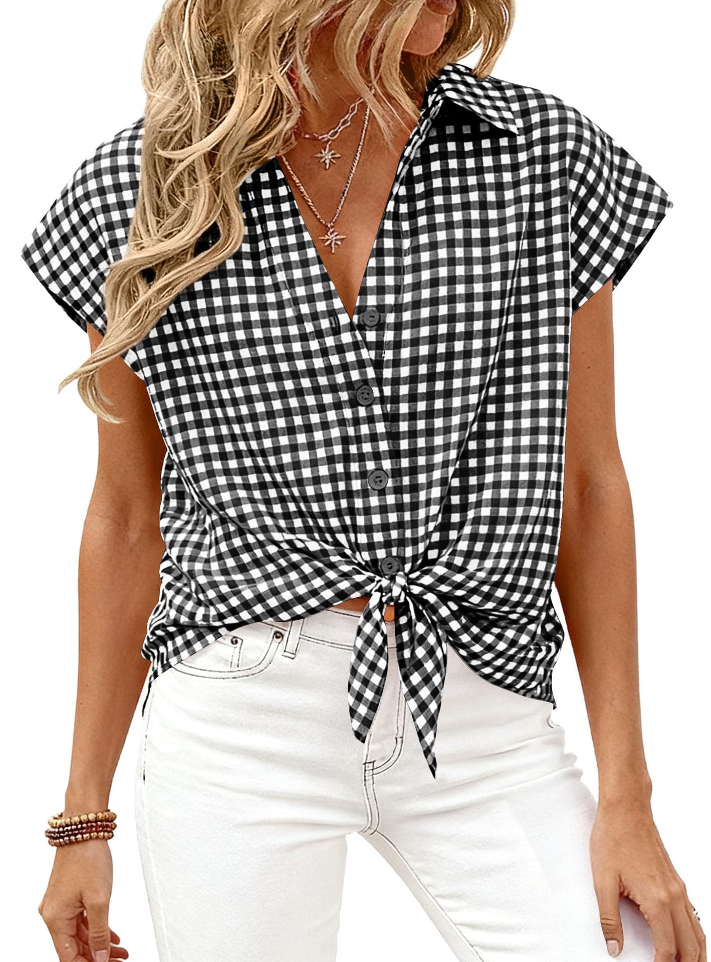Gingham Button Down Short Sleeve Loose Fit Blouse