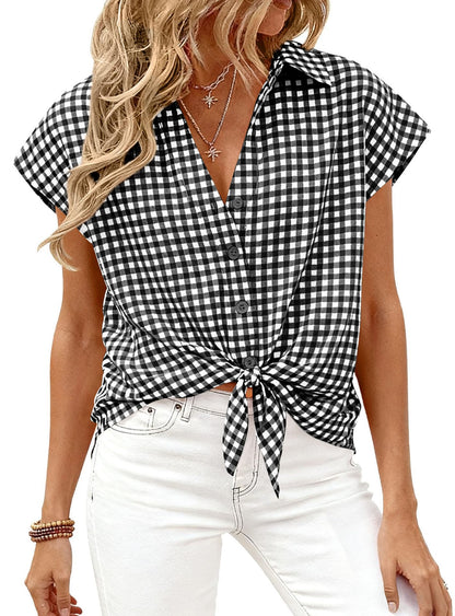 Gingham Button Down Short Sleeve Loose Fit Blouse